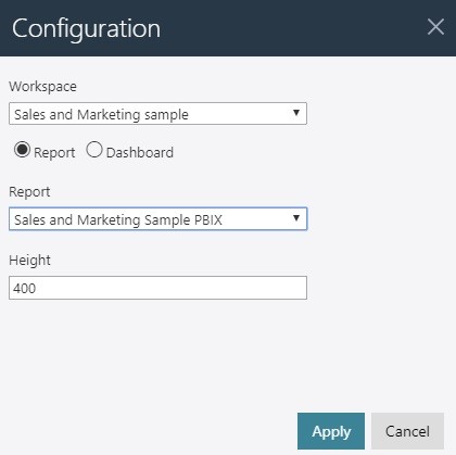 The image shows the configuration of the Power BI report on Portal